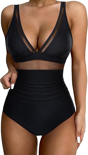 Suuksess Women Sexy Mesh Tummy Control Swimsuit Push Up High Waisted Bathing Suit