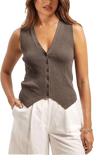 Sweater Vest Women Casual V Neck Button Down Sleeveless Knit Cardigan Vest Tank Tops Streetwear