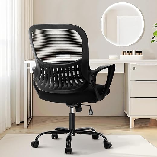 Sweetcrispy Office Computer Desk Managerial Executive Chair, Ergonomic Mid-Back Mesh Rolling Work Swivel Chairs With Wheels, Comfortable Lumbar Support, Comfy Arms For Home,Bedroom,Study,Student,Black