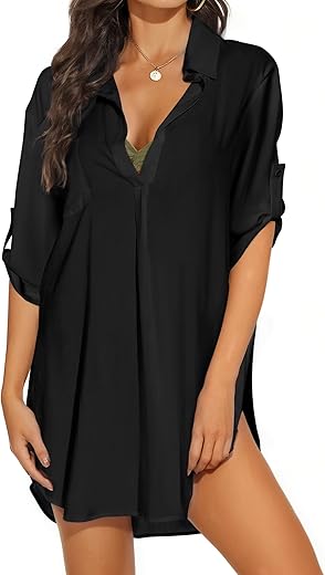 Swimsuit Coverups For Women, V Neck Bathing Suits Cover Ups For Women, 3/4 Sleeve Bikini Cover Up Beach Dress