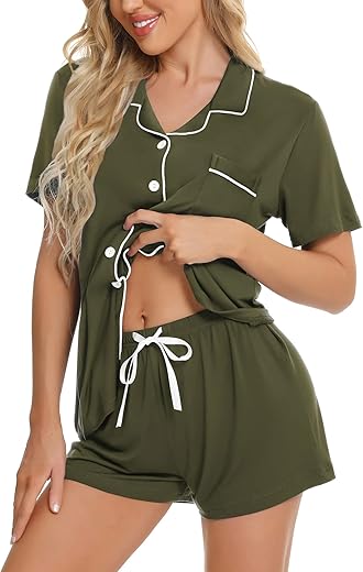 Swomog Womens Button Down Pajamas Set Short Sleeve Sleepwear Bride Soft Pj Lounge Sets Xs-3Xl