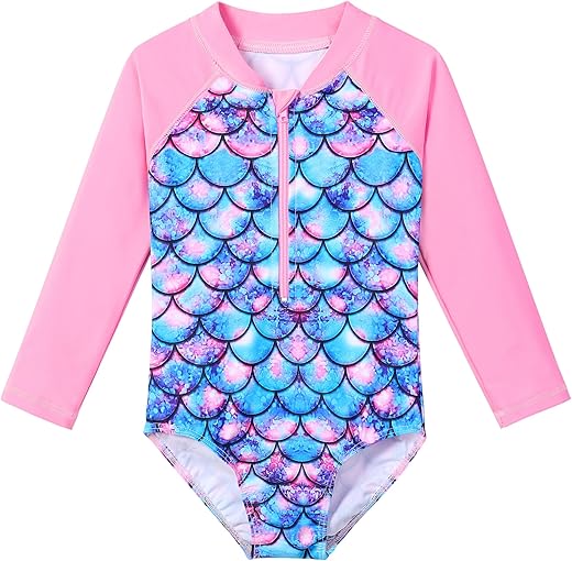 Tfjh E Kids Girls Rashguard Swimsuit Uv 50+ Long Sleeve One Piece Swimwear Zip