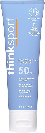 Thinksport Spf 50+ Mineral Sunscreen, 3 Oz, Safe, Natural Sunblock For Sports &Amp; Active Use, Water Resistant Reef Safe Sunscreen, Broad Spectrum Uva/Uvb Sun Screen For Sun Protection