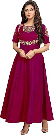 Trendmalls Women'S Silk Neck Embroidrey Stitched Anarkali Long Gown Kurti