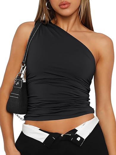 Trendy Queen Womens Summer One Shoulder Tank Tops Sleeveless Going Out Slim Crop Shirts Camis Fashion 2024