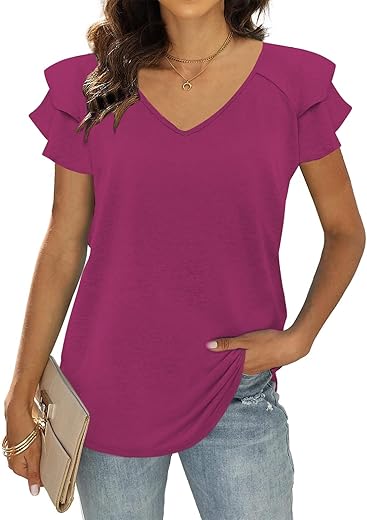 T&Amp;Twenties Womens Summer Tops Ruffle Short Sleeve Tunic Tops V Neck Loose Fit Flowy T-Shirts