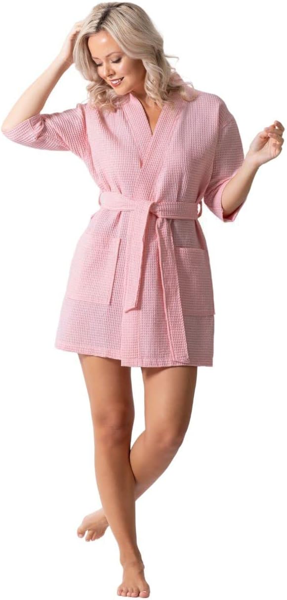 Turkish Linen Lightweight Waffle Knit Bath, Spa &Amp; Bridesmaids Kimono Short Robes For Women - Quick Dry &Amp; Soft