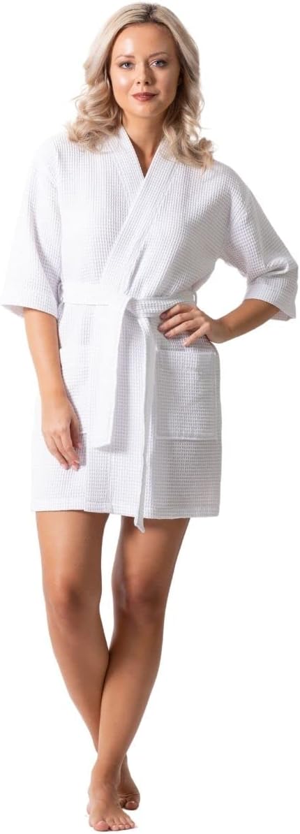 Turkish Linen Lightweight Waffle Knit Bath, Spa &Amp; Bridesmaids Kimono Short Robes For Women - Quick Dry &Amp; Soft