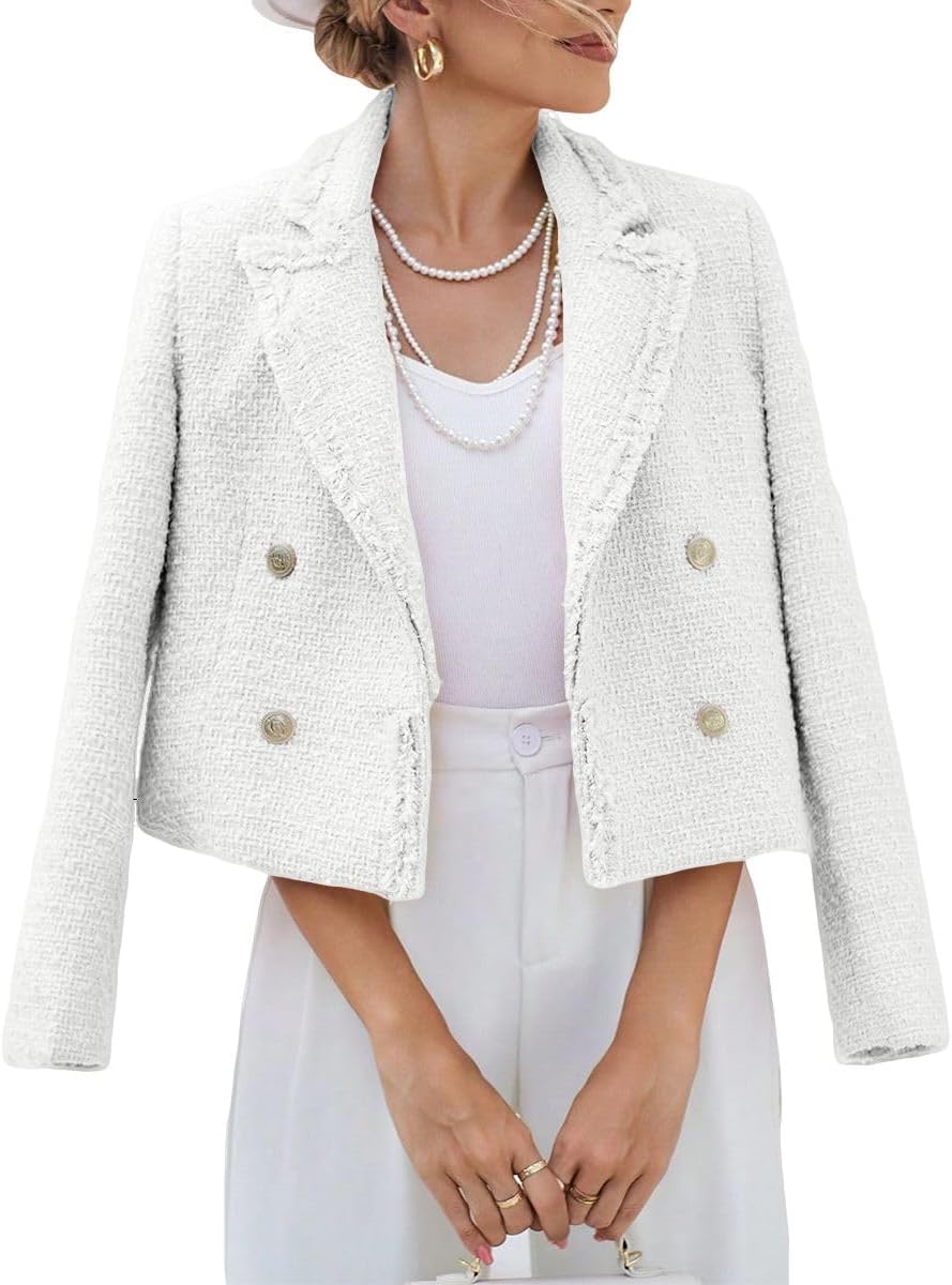 Tweed Blazers Jackets For Women 2024 Fall Fashion Lapel Cropped Elegant Open Front Office Casual Blazer