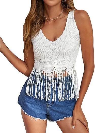 Verdusa Women'S Guipure Lace Fringe Hem V Neck Sleeveless Crop Tank Top