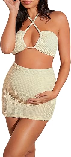 Verdusa Women'S Maternity Two Piece Bathing Suit Cut Out Halter High Waist Bikini Sets