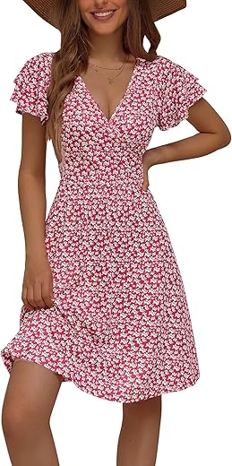 Vetior Womens Sundress Summer Wrap V Neck Floral Wedding Guest Dresses Short Sleeve Sun Dress For Women Casual 2024