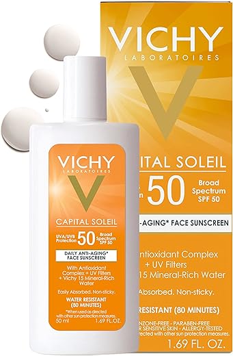 Vichy Capital Soleil Face Sunscreen Spf 50, Anti Aging Sunblock For Face With Uva And Uba Sun Protection, Daily Face Sunscreen For Sensitive Skin, Oxybenzone Free, Travel Size Sunscreen For Face