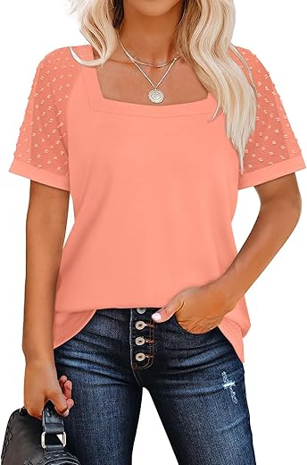 Weeso Summer Square Neck Tops For Women Swiss Dot Short Sleeve Casual Shirts 2024