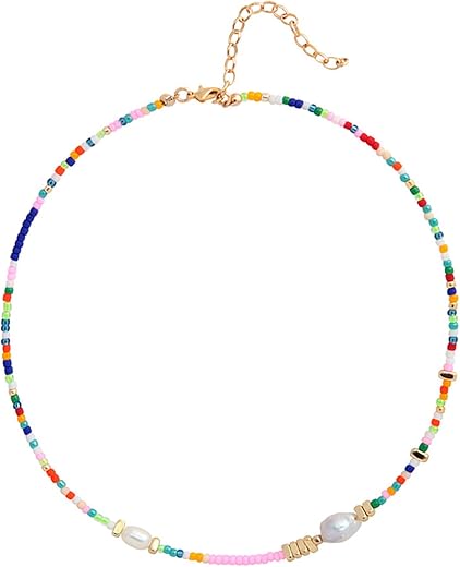 Wellike Colorful Beaded Necklace For Women Freshwater Beaded Pearl Choker Necklace Evil Eye Pearl Necklaces For Teen Girls Stainless Steel 18K Gold Plated Necklace Y2K Trendy Pearl Necklace Women