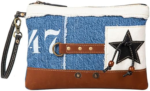 Western Leather Pouch Bag For Women - Upcycled Canvas Wristlet Handbag