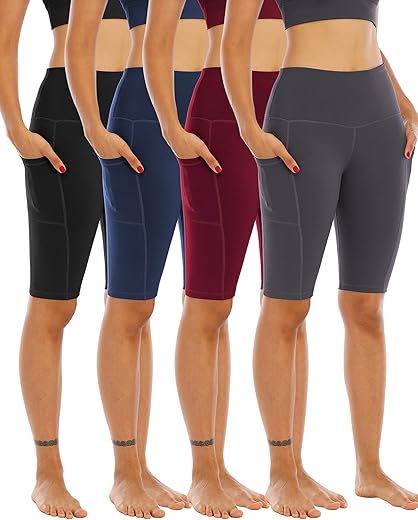 Whouare 4 Pack Biker Yoga Shorts With Pockets For Women,High Waisted Athletic Running Workout Gym Shorts Tummy Control