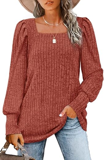 Wiholl Long Sleeve Shirts For Women Trendy Casual Square Neck Tops Lightweight Sweaters