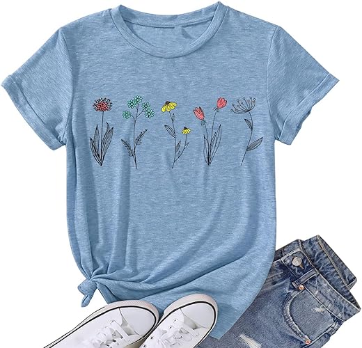 Wildflower Shirts For Women Causal Summer Flower Graphic Tees Cute Garden Plant Lover Tshirts Tops