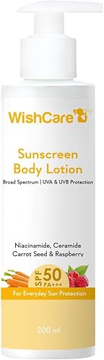 Wish&Amp;Care Spf50 Sunscreen Body Lotion - Broad Spectrum - Uva &Amp; Uvb Protection With No White Cast - With Carrot Seed &Amp; Raspberry - For Men &Amp; Women - 200 Ml