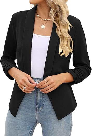 Women 3/4 Sleeve Blazer Open Front Cardigan Jacket Work Office Blazer