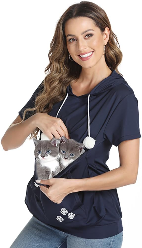 Women Big Pouch Shirt Pet Holder Pocket Top Short Sleeve Solid Color T-Shirt