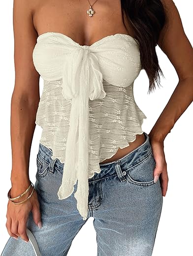 Women Floral Tie Front Crop Tube Tops Sexy Strapless Backless Bandeau Lace Sheer Mesh Asymmetrical Hem Y2K Tank Tops