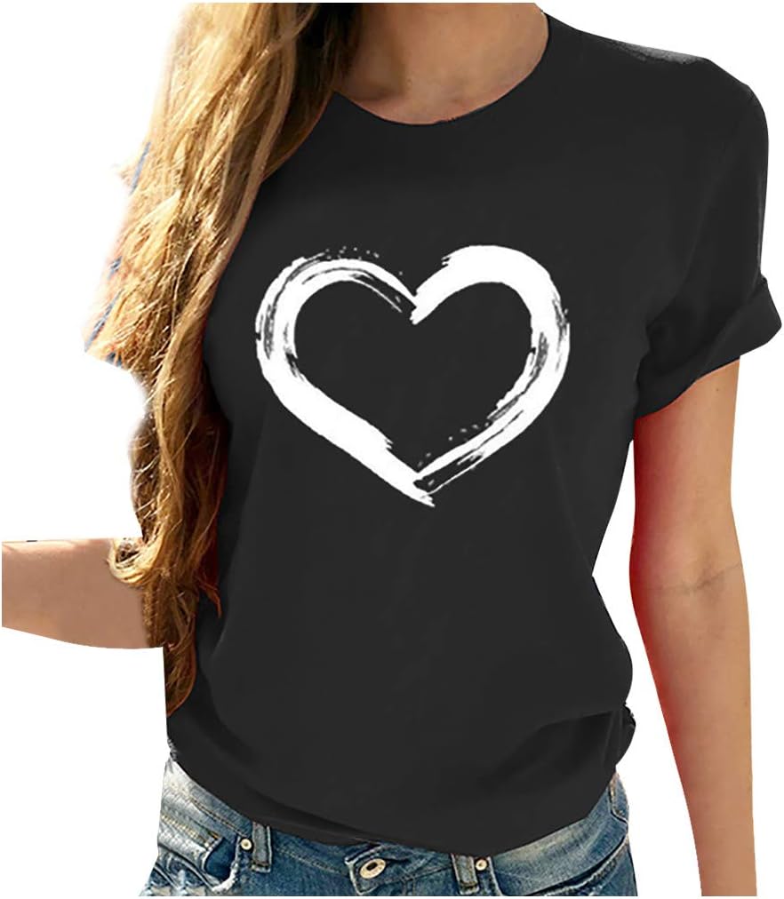 Women Love Heart Graphic Tees Shirt Short Sleeve Tops Tshirts Regular Fit Tunic Blouse Cute Funny Gift Clothes 2023