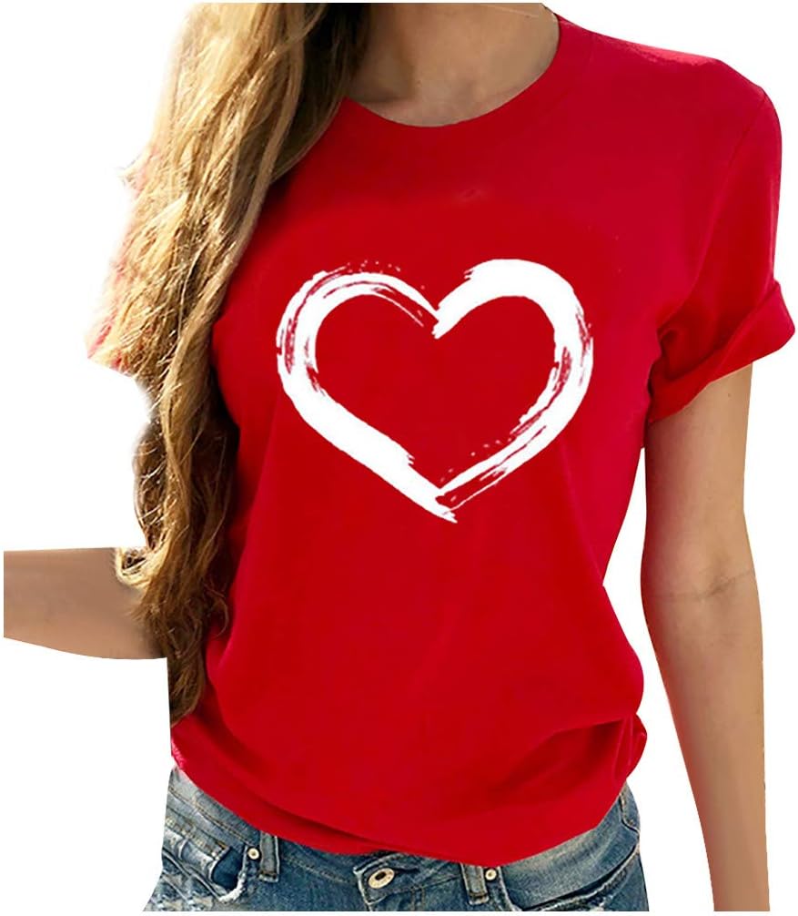 Women Love Heart Graphic Tees Shirt Short Sleeve Tops Tshirts Regular Fit Tunic Blouse Cute Funny Gift Clothes 2023