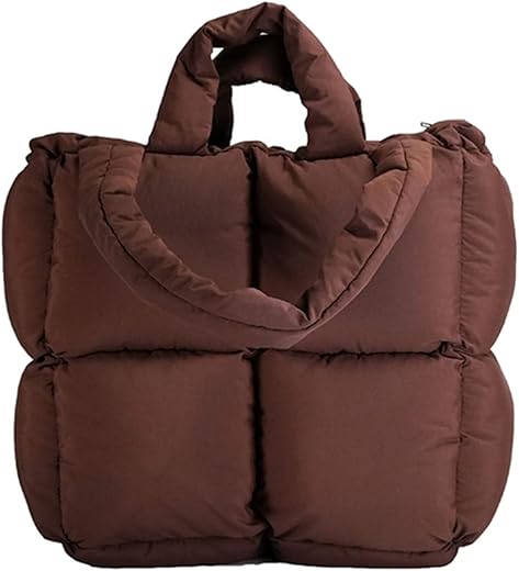 Women Padded Shoulder Bag Luxury Check Tote Bag Soft Pillow Handbag Quilted Puffy High Capacity Underarm (Za-Coffee (Basic Edition))