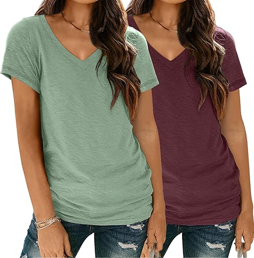 Womens 2 Pack T Shirts Basic Short Sleeve Tees V Neck Fashion Tops Loose Fit Lightweight Casual Summer Clothes 2024