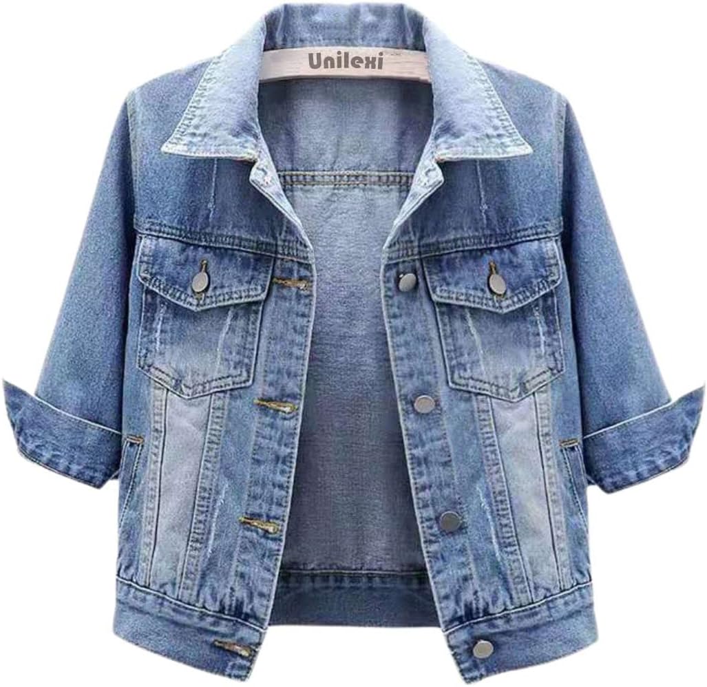 Women'S 3/4 Sleeve Colored Cropped Denim Jacket Light Wash Short Jean Jacket Trucker Coat