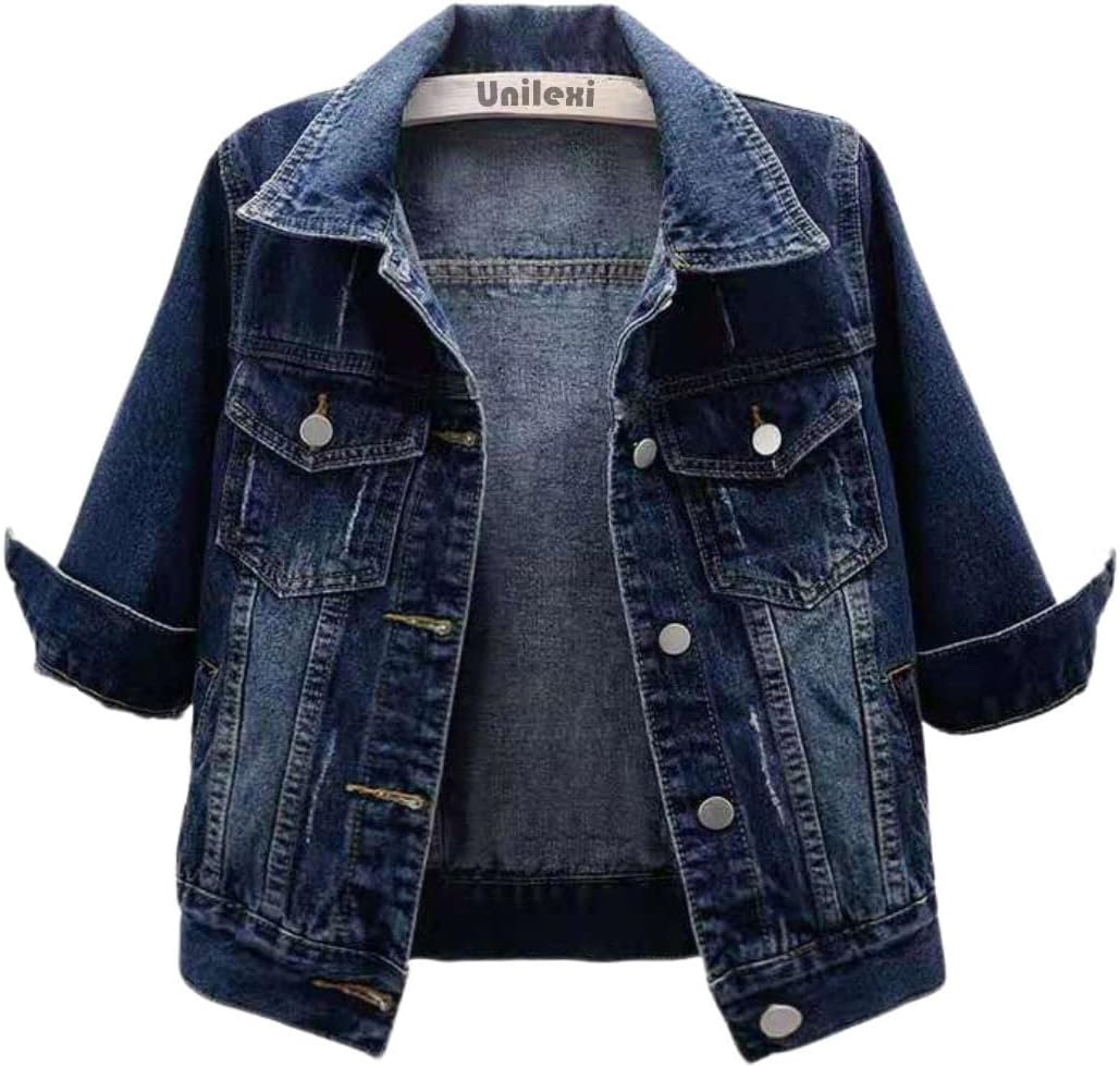 Women's 3/4 Sleeve Colored Cropped Denim Jacket Light Wash Short Jean Jacket Trucker Coat