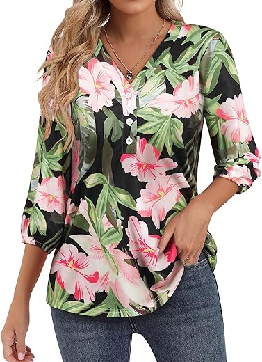 Womens 3/4 Sleeve Hawaiian Shirts V Neck Summer Floral Printed Shirt Casual Buttons Down Soft Tunic Tops