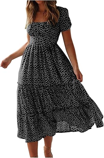 Womens Beach Vacation Summer Dresses Polka Dot High Waist Tiered Flowy Long Dresses Trendy Casual Resort Wear Clothes