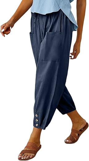 Womens Casual Capri Pants Elastic Waist Drawstring Summer Lounge Baggy Trousers Cinch Bottom Lantern Ankle Pants With Pockets