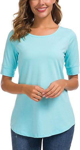 Women'S Casual T Shirts Cotton Mid Sleeve Summer Basic Tunics Tee Tops Fashion