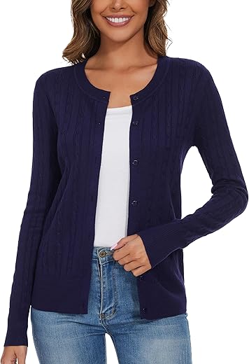 Women'S Crew Neck Button Down Long Sleeve Cardigan Sweater