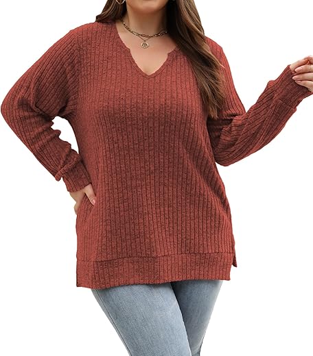 Womens Fall Fashion 2023 Plus Size Tops Long Sleeve V Neck Lightweight Sweaters Loose Casual Tunic Tops L-4Xl