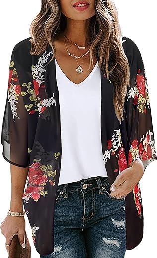 Women'S Floral Print Puff Sleeve Kimono Cardigan Loose Cover Up Casual Blouse Tops