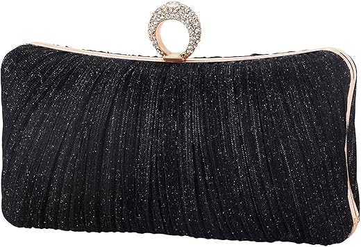 Womens Golden Glitter Clutch Purse Pleated Evening Bag For Bridal Wedding Party With Rhinestone Ring