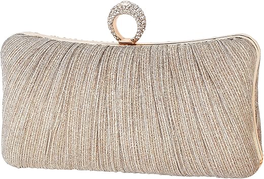 Womens Golden Glitter Clutch Purse Pleated Evening Bag For Bridal Wedding Party With Rhinestone Ring