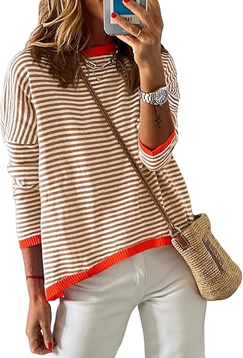 Womens Lightweight Cotton Sweaters Long Sleeve Crew Neck Color Block Striped Knitted Pullover Tops