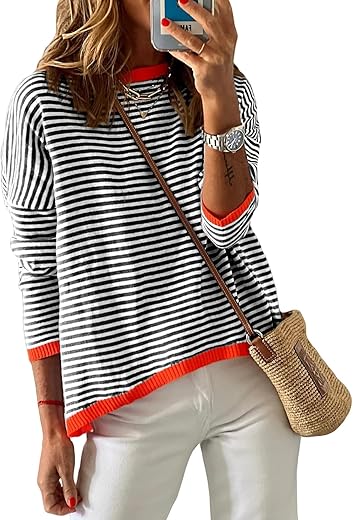 Womens Lightweight Cotton Sweaters Long Sleeve Crew Neck Color Block Striped Knitted Pullover Tops