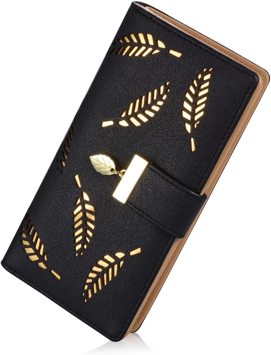 Women'S Long Leaf Bifold Wallet Leather Card Holder Purse Zipper Buckle Elegant Clutch Wallet Handbag For Women - Black