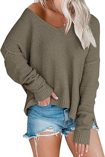 Women’s Off Shoulder Knit Sweaters Oversized V Neck Long Sleeve Loose Lightweight Pullover Tops