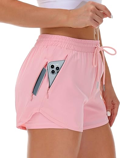 Women'S Running Shorts With Liner 3 Zipper Pockets Elastic Workout Athletic Gym Yoga Shorts