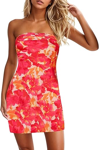 Women'S Sexy Tube Dress Summer Y2K Floral Print Strapless Bodycon Mini Dress Date Night Party Club Bandeau Short Dress