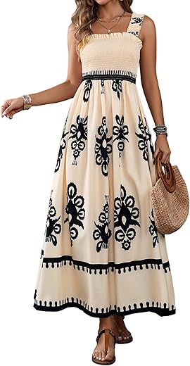 Womens Square Neck Smocked Midi Dresses Summer Casual Boho Long Maxi Dress Sundresses For Women 2024 Trendy