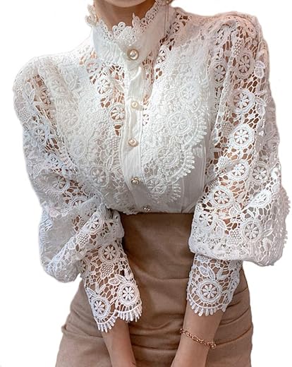 Women’s Stand Collar Lace Patchwork Shirts Casual Hollow Out Flower Petal Sleeve Button Tops